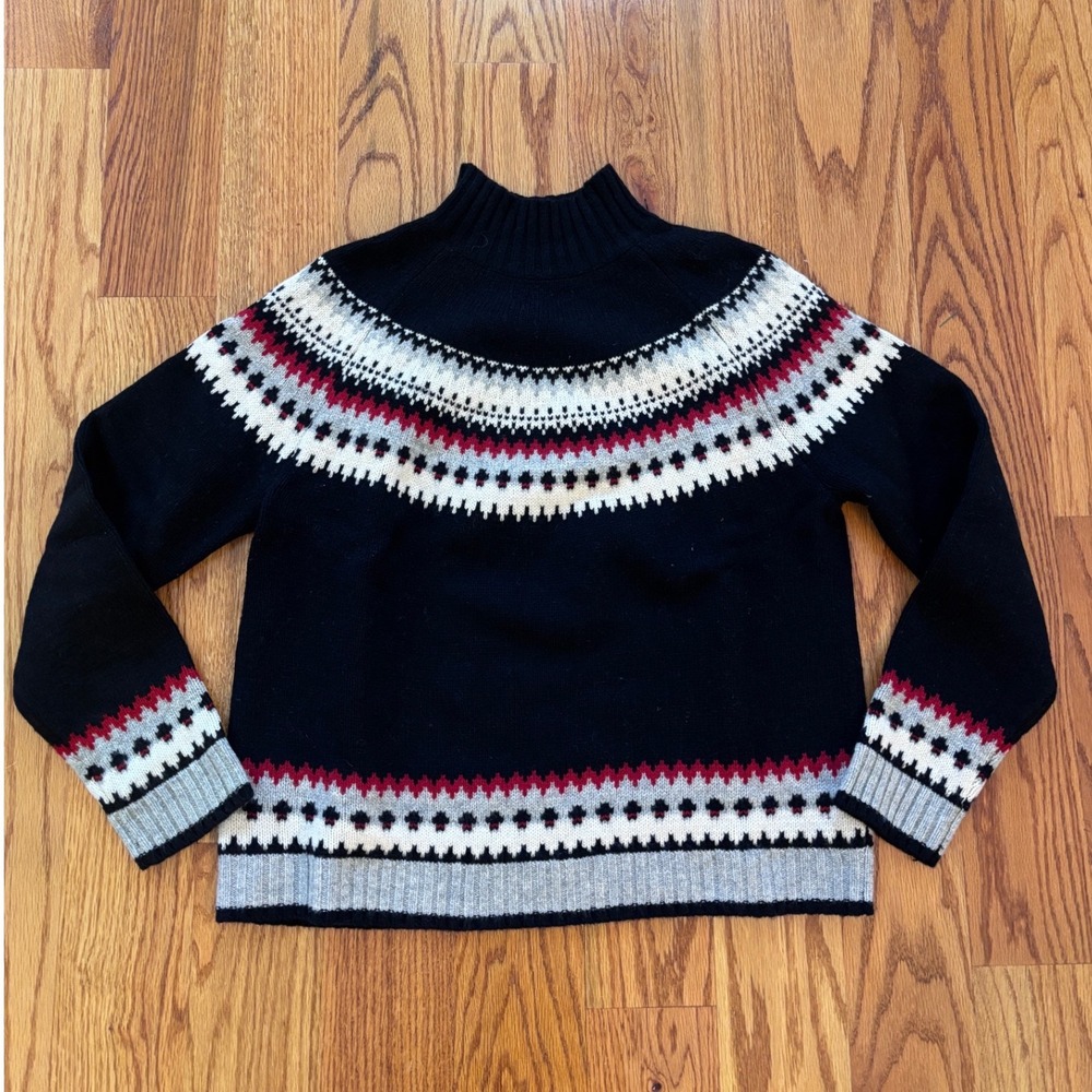 Lord & Taylor 100% Lambswool Fair Isle Sweater Black Red Mock Neck Large Vintage